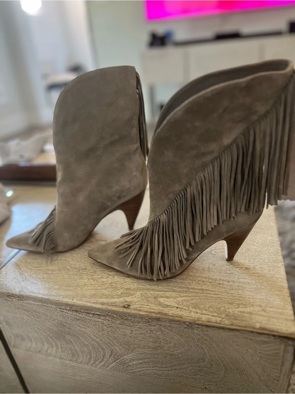 Sigerson Morrison Taupe Suede Fringe Pointed-Toe Knee Boots - Picture 2 of 4